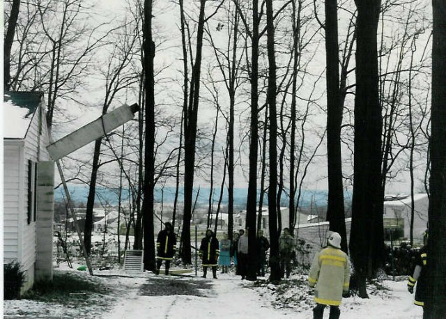 Pulling the Chimney down after it was damaged in a fire. Narvon Rd. east of Gault Road... 2/5/89